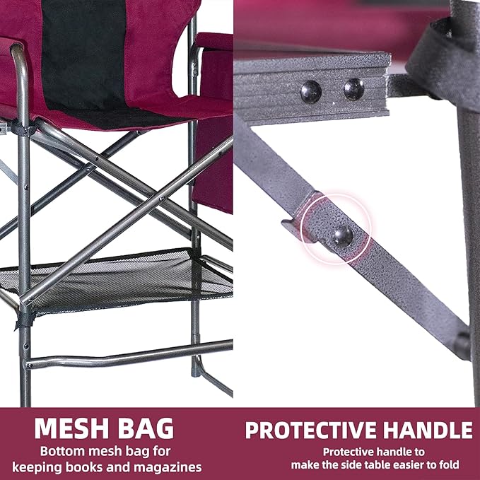 30 Tall Directors Chair with Side Table 400LBS Bar Height Folding Camping Chair for Makeup Artists Outdoor Events Portable Foldable Chair with Cup Holder &amp footrest - Light Wine Red