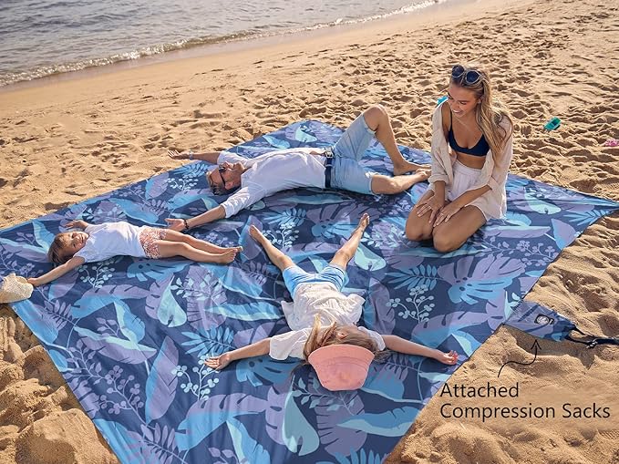 WEKAPO Beach Blanket Waterproof Sandproof Oversized Extra Large Beach Mat Sand Free Lightweight &amp Compact Sand Free Mat with 6 Stakes &amp 4 Corner Pockets
