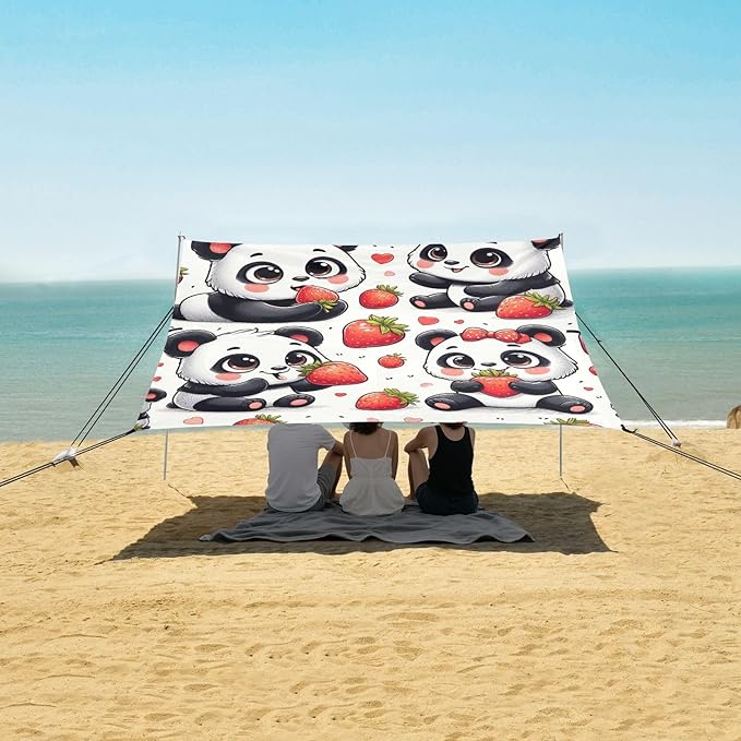 Cute Panda with Strawberry Camping Sun Shelter Beach Tent Portable Beach Sun Shade Outdoor Canopy for Camping Trips Fishing Picnic