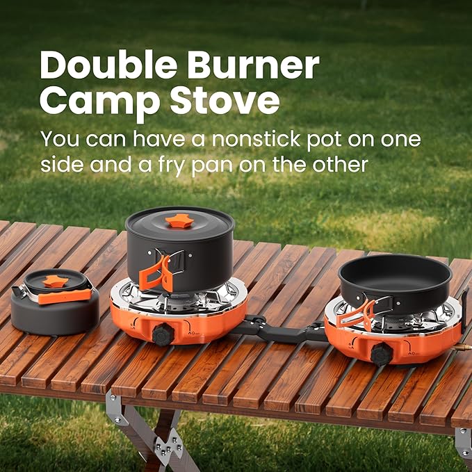 Propane 2 Burner Camping Stove Kit with Camping Cookware Outdoor Folding Propane Gas Stove Camp Portable Stove and Camping Cooking Set With 20000 Total BTUs for BBQ Tailgating Camping