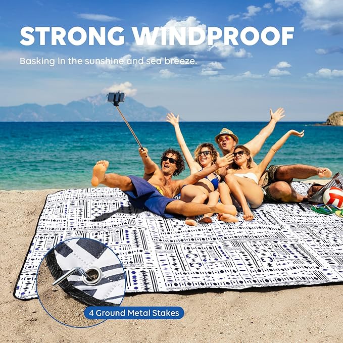 ZAZE Picnic Blankets Beach Blanket with Stakes Thick 3-Layer Waterproof Sandproof 80 * 80 Oversized Mat Foldable Extra Large Big Machine Washable Accessories for Outdoor Camping Park (Black Blue)