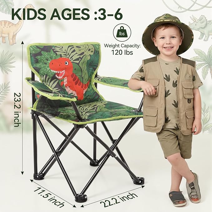 Padded Kids Camping Chair Folding Toddler Chair with Cup Holder &amp Safety Lock Portable Kids Beach Chair Ages 3-6 for Outdoor Camping Foldable Kids Chair Support 120lbsGreen Dinosaur