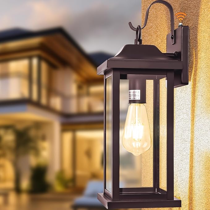 Dusk to Dawn Outdoor Lighting for House 17 Inch Large 1-Pack Oil Rubbed Bronze Exterior Light Fixture for Front Porch Light with Clear Tempered Glass Waterproof Outside Wall Mounted Lamp