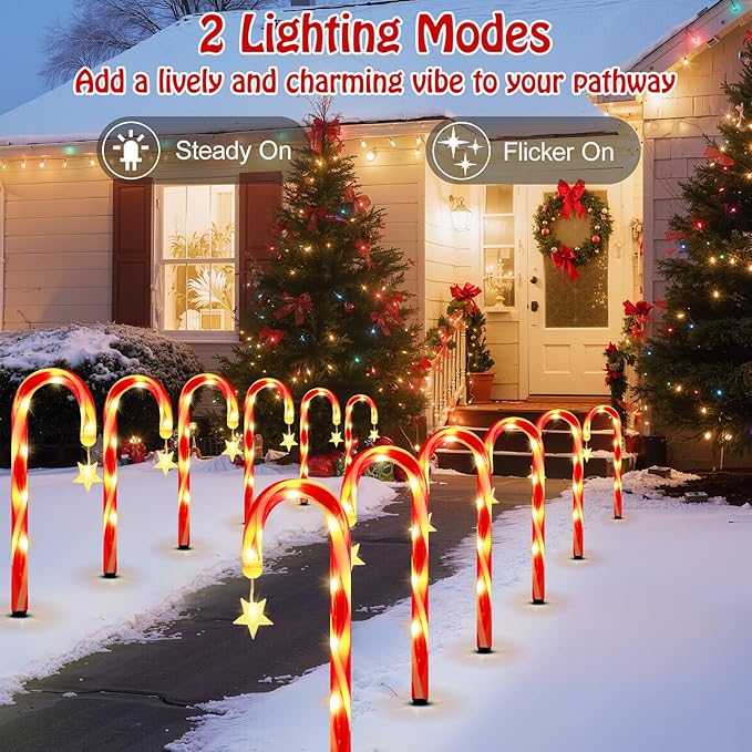 Lewondr 15 Solar Christmas Candy Cane Lights Outdoor Pathway Stake Lights with 2 Modes 108 LED Beads Waterproof Outside Xmas Decorations with Star Decor Lights for Yard Garden Holiday 12 Pack