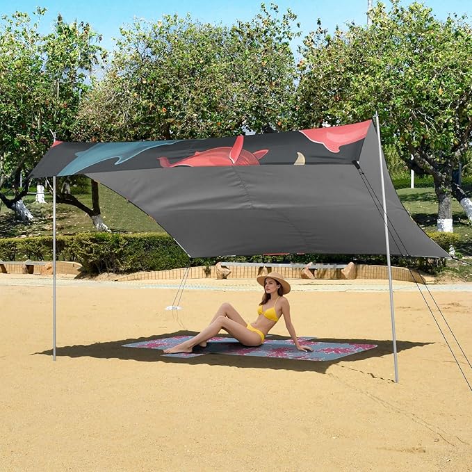 ALAZA Colorful Whale Beach Tent Sun Shelter UPF50+ Protection Beach Shade Canopy w/ 4 Sandbags for Outdoor Camping Fishing Backyard Fun Picnic 10x9 ft