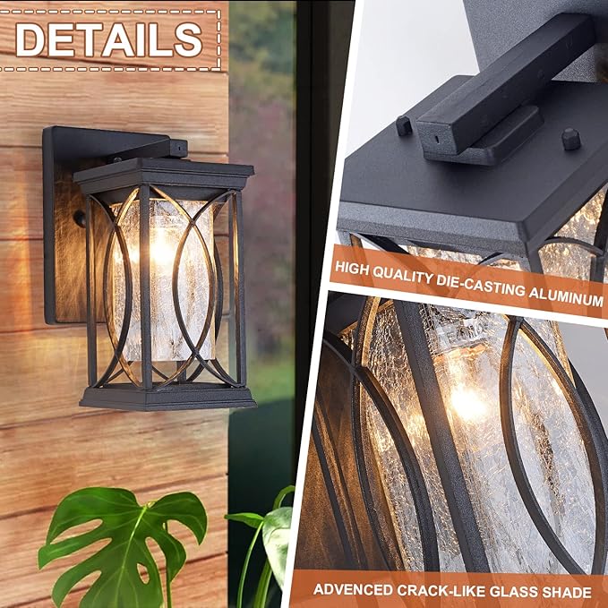 Dusk to Dawn Outdoor Wall Lanterns Small Modern Exterior Light Fixture Aluminum with Crack-Like Glass UL and IP65 Waterproof Wall Sconce Outdoor Wall Light for Porch Garage Front Door Black