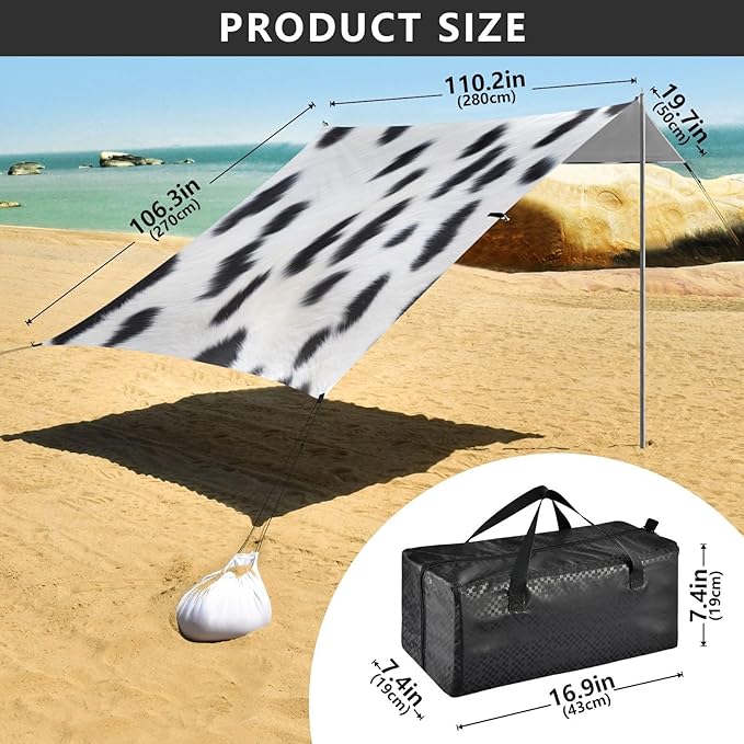 Dalmatian Fur Texture Beach Tent Sun Shelter 9.2' x 10.5' Beach Canopy with 4 Sandbags 4 Stability Poles Sand Shovels - Tent Canopy for Beach Camping Fishing Picnics