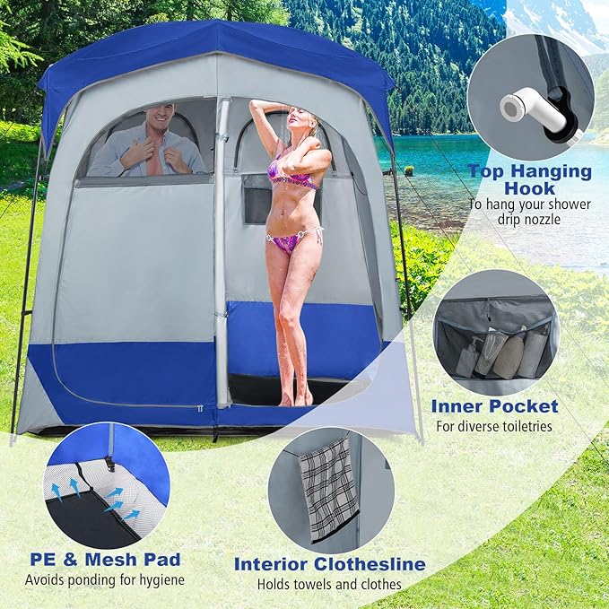 Tangkula Double Room Shower Tent Oversize Space Privacy Tent with Floor Removable Rain Fly Inside Pocket Clothesline Top Hook Portable Outdoor Changing Tent for Dressing Camping Toilet