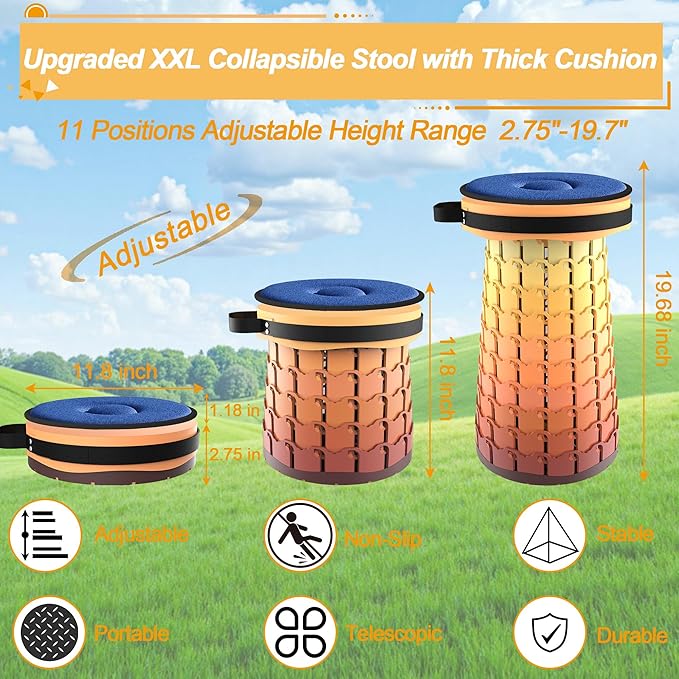 ALEVMOOM Upgraded XXL 19.7 Collapsible Stool with Cushion Heavy Duty Portable Folding Stool Max Load 1000 lbs Retractable Telescoping Foldable Seat Chair for Camping Fishing Travel