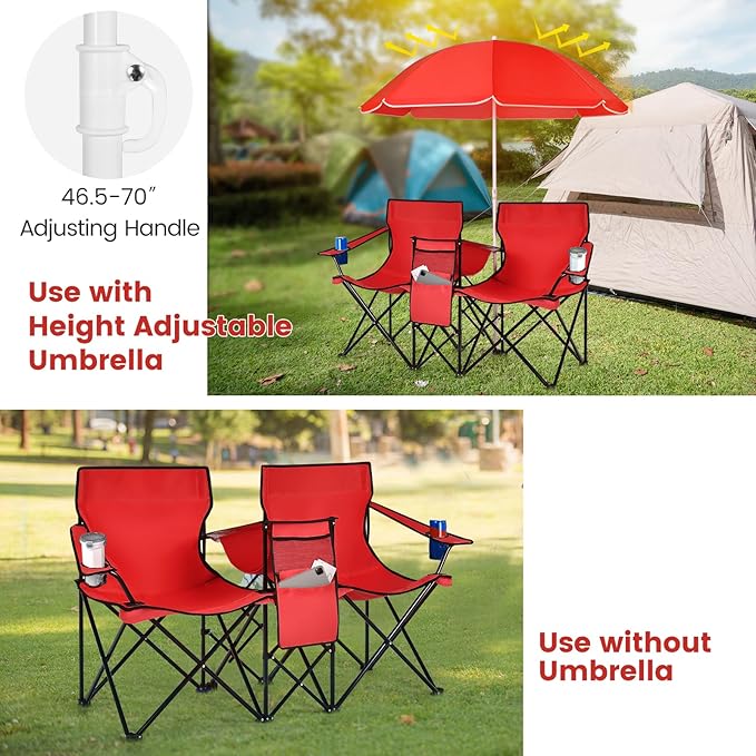 Double Camping Chair 2-Person Portable Beach Chair w/Removable Umbrella Cup Holders &amp Carrying Bag Folding Loveseat Chairs for Adults Outdoor Picnic (Red)