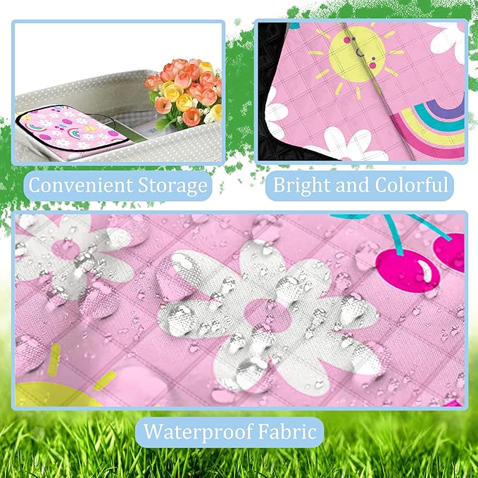 Poedist Large Waterproof Picnic Blanket 80 x 80 Set of Two Picnic Mats Pink Flowers and Flag