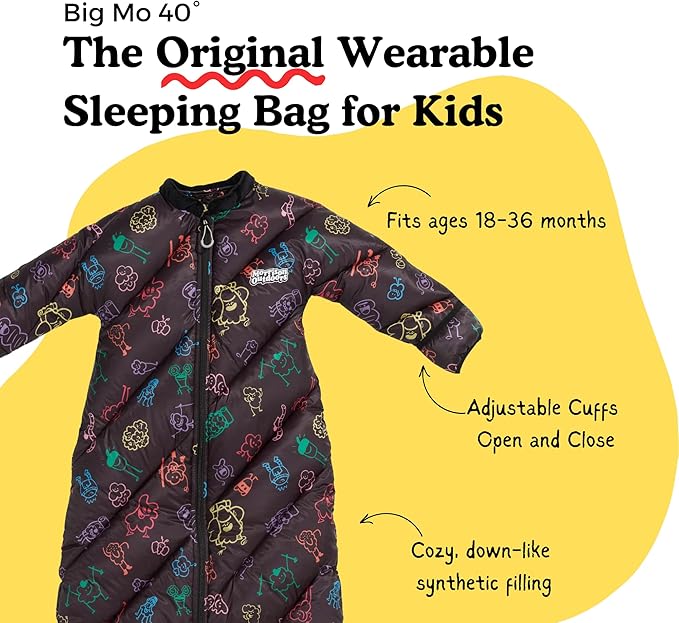 Big Mo 40° Kids Sleeping Bag (Ages 18-36m). The Coziest Funnest Camping Sleeping Bag for Kids with Adjustable Cuffs.