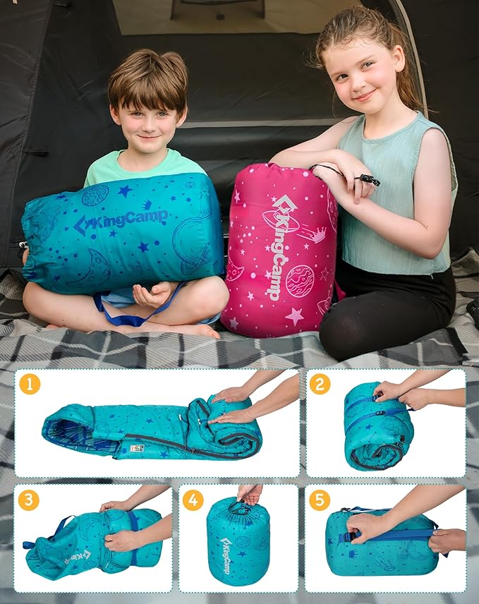 KingCamp 45°F Kids Sleeping Bag Lightweight Waterproof &amp Compact Flannel Sleeping Bags Cold Weather &amp Warm Youth Essentials Gear Accessories for Camping Fits 10-12 Children up to 4'7-5'5 T
