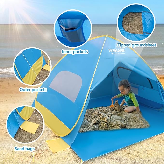 2 Second Easy Setup Pop Up Beach Tent for 2-3 PersonUPF 50+ UV Protection Beach ShadeWind Resistant Sun Protection Family Sun ShelterPortable Lightweight Cabana Canopy with Handy Carry Bag