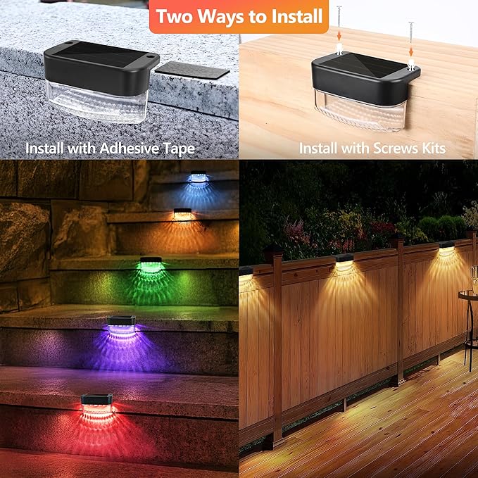 BrizLabs Solar Fence Lights 12 Pack RGB &amp Warm White &amp 11 Colors Changing LED Solar Deck Lights with IP65 Waterproof Red White &amp Blue Outdoor Step Light Patio Fence Light for Patio Yard
