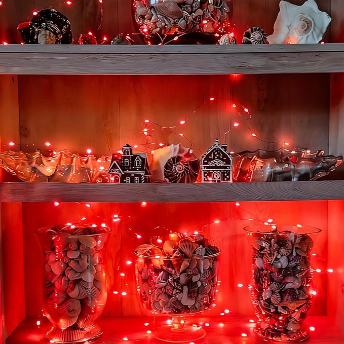 YEGUO 4 Pack Red Solar Fairy Lights Each 33ft 100 LED Valentines Lights Outdoor Waterproof 8 Modes Sliver Wire Solar Christmas String Lights