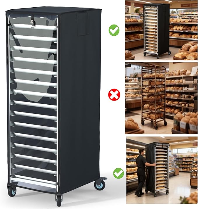 Quick-Release Cover with Zipper Commercial Bread Rack Cover 20-Tier Baking Pan Rack Cover Ventilated Bread Pan Rack Cover 23“ x 28” x 64 Kitchen Bread Rack Cover Waterproof (Black)