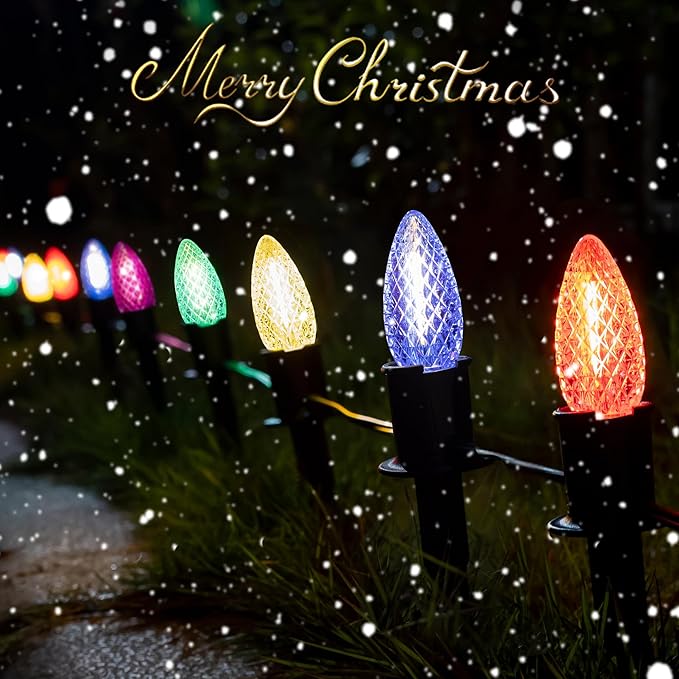 GAGALIFE 29Ft C9 Christmas Pathway Lights Outdoor - 25 LED Lights with 25 Marker Stakes for Walkway Waterproof Plug in C9 Christmas Light Outdoor for Driveway Yard Lawn Decorations Multicolor