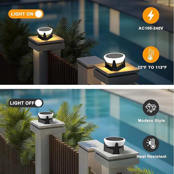 Solar Post Lights with Remote Control Modern Pillar Light Dusk to Dawn IP54 Waterproof Solar Post Cap Lights with 3200K LED Outdoor Light Fixture for Garden Deck Patio Outside Lighting (Geometric)