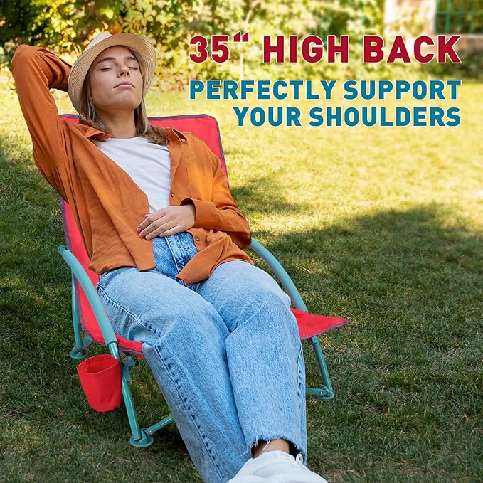 Northroad 2 Pack Low Folding Beach ChairPortable Lightweight Lowback Sling Chair Outdoor Low Seat Camping Chair w/Cup Holder &amp Carry Bag for Sand Camping Lawn Picnic FestivalPink