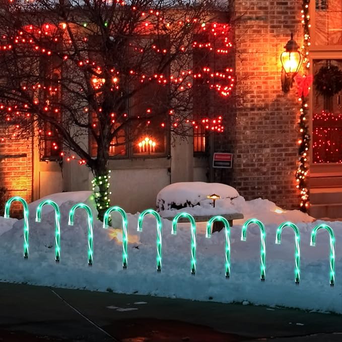 GAGALIFE Candy Cane Lights - 10 Pack Candy Cane Pathway Lights 10 Christmas Candy Cane Lights Green Outdoor Candy Cane Christmas Decor for Walkway Driveway Sidewalk Stake Lights Markers