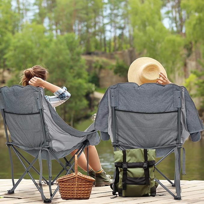 Oversized Camping Chair Portable Folding Padded Camp Chairs with Side Pocket Cup Holder Heavy Duty Support 500LBS Outdoor Lounge Chair for Adults Fishing Sports Trip Grey