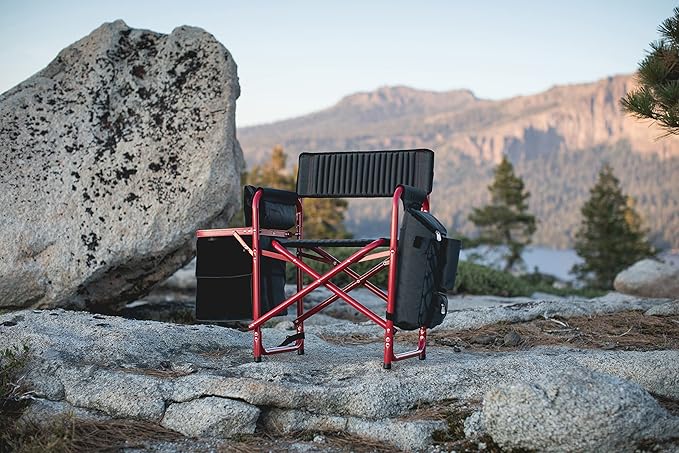 PICNIC TIME Fusion Camping Chair with Side Table and Soft Cooler Outdoor Foldable Padded Camping Chairs with Cup Holder for Lawn Beach &amp Sports Use for Adults (Dark Gray Red Accents)