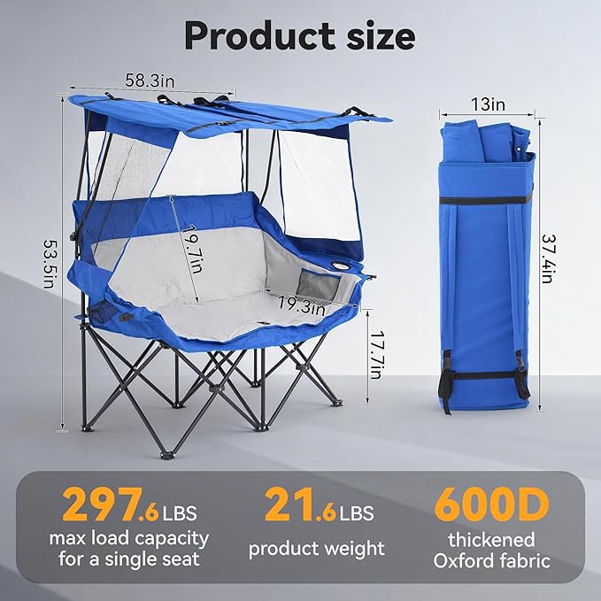 Double Camping Chairs with Canopy Shade Folding Beach Chair Heavy Duty Oversized Outdoor Padded Loveseat Chair 2 Person with Removable Roof Cup Holders Side Pockets Portable Carry BagBlue