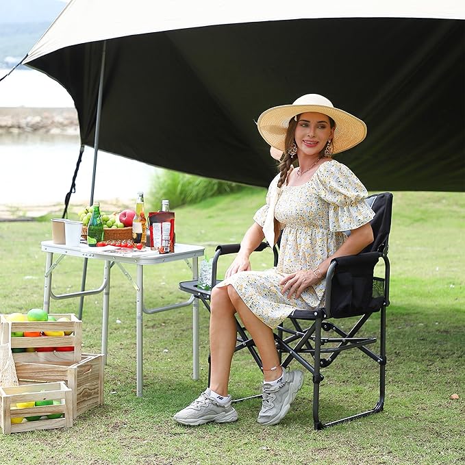 Folding Camping Chairs for Adults Portable Lawn Chair with Side Table Side Pocket &amp Beverage Holder Heavy Duty Director Chair for Outside Rv Beach Yard Garden Deck