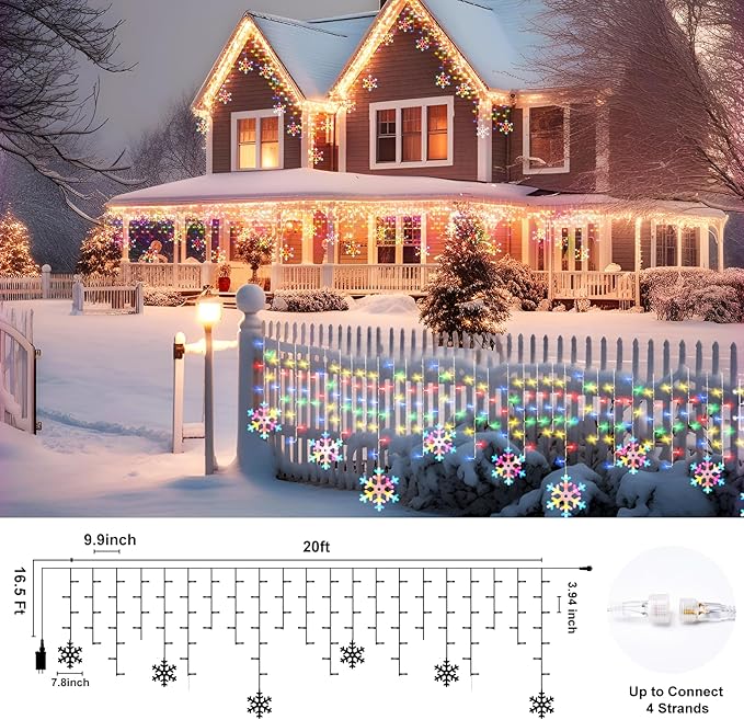 Minetom Icicle Lights Outdoor with Snowflake 20FT 200 LED Icicle Christmas Light with 24 Drops8 Modes Icicle String Light with Remote Timer Waterproof Christmas Lights Outdoor Multicolor