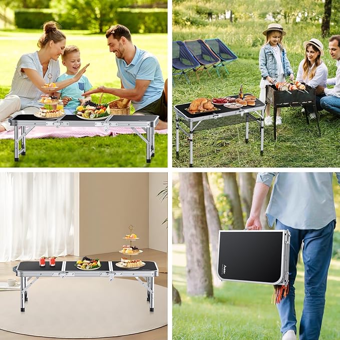 Anbte Folding Camping Table with Storage Net 3ft Camping Table Aluminum Folding Table with 3 Adjustable Height Max 27.1 Inch Picnic Table Portable Table for Outdoor Backyard BBQ Black