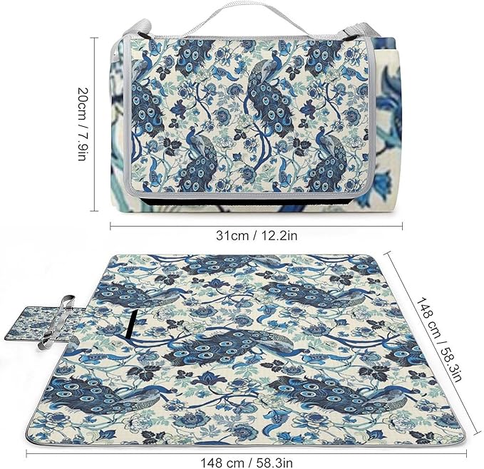 Blue and White Chinese Style Chinoiserie Folk Waterproof Outdoor Picnic Blanket Sandproof Beach Mat for Camping Hiking Grass Travelling