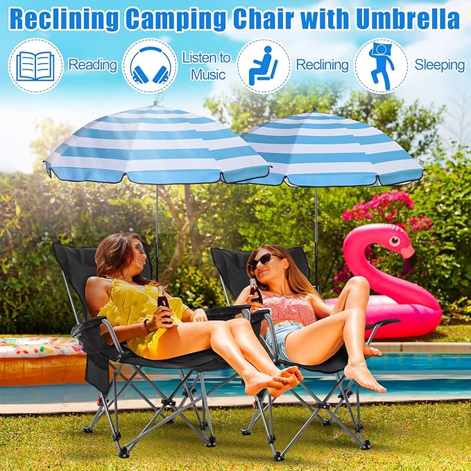 Karenhi 2 Set Beach Camping Chair with Umbrella for Adult Folding Reclining Camping Chair with Foot Rest Adjustable Clamp Canopy Shade for Outdoor Patio Travel Beach(Black)