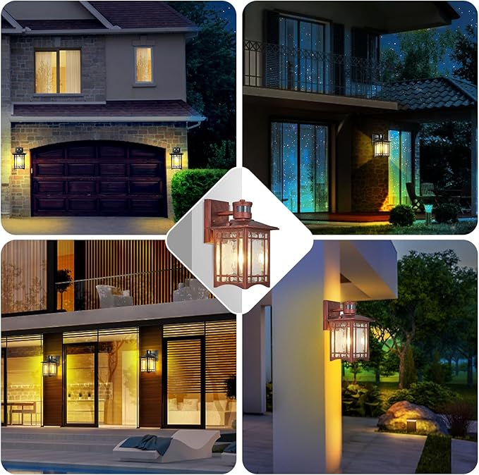 2 Pack Red Rustic Outdoor Wall Porch Lights - Motion Sensor Dusk to Dawn Waterproof Anti-rust Tempered Glass 8x6x12 inches