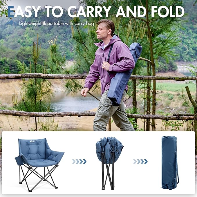Portal Oversized Padded Camping Chair - Heavy Duty Folding Chair with Cup Holder &amp Side Pocket Supports 350 lbs for Camping Lawn Sports Blue