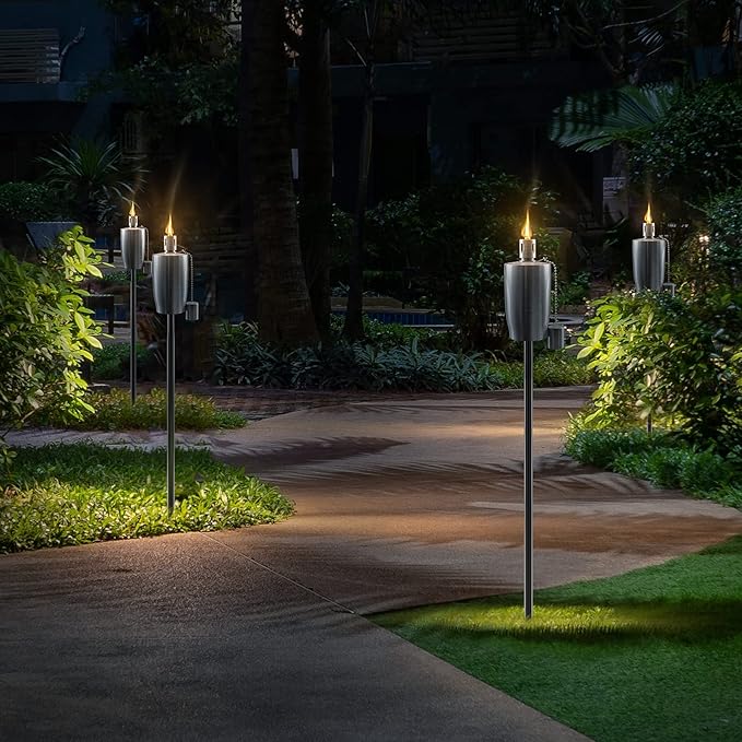 Matney Stainless Steel Outdoor Torches - Decorative Garden &amp Yard Lights - 5 ft Oil Lamp for Citronella - Fiberglass Wick &amp Snuffer Cap - Set of 4 (Cylinder)