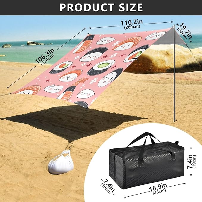 Sushi Pattern Pink Beach Tent Sun Shelter 9.2' x 10.5' Beach Canopy with 4 Sandbags 4 Stability Poles Sand Shovels - Tent Canopy for Beach Camping Fishing Picnics
