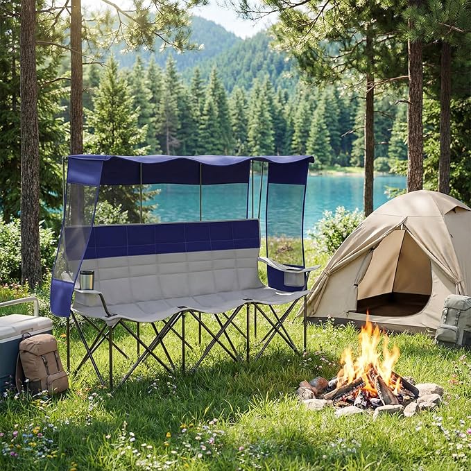 3 Person Beach Camping Chair with Canopy Shade Oversized Folding Loveseat 700lbs Heavy Duty Couch with Cup Holder Carry Bag for Lawn Outdoor Beach (Green Grey Canopy Camp Chair)