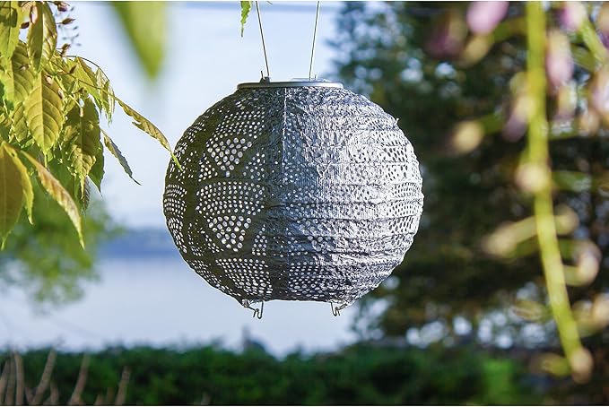 Allsop Soji Stella Globe 8 LED Outdoor Solar Lantern Handmade with Weather-Resistant UV Treated Fabric Stainless Steel Hardware Auto Sensor on/Off for Patio Deck Garden (Metallic Blue)