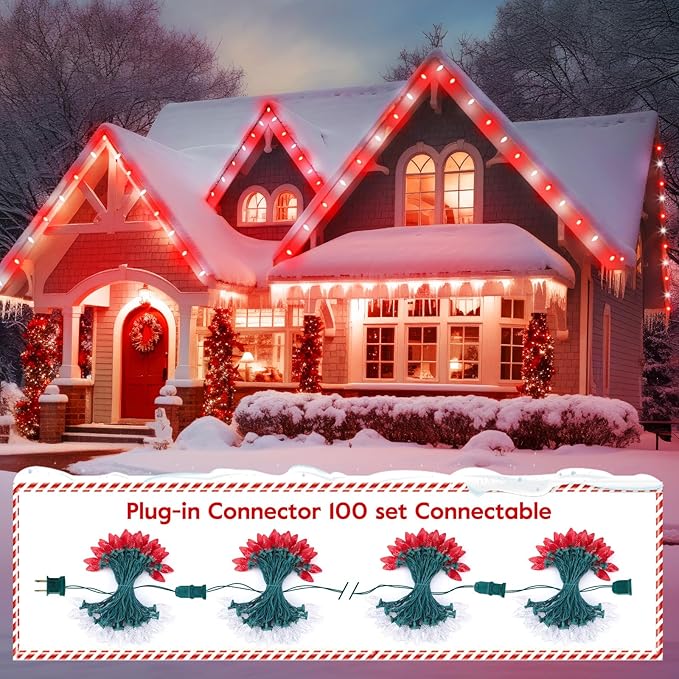 Brightown Red and Warm White C9 LED Christmas String Lights 33ft 50 LED Waterproof Strawberry String Lights Plug-in Extendable Green Wire Lights String for Outdoor Indoor Patio Party Decoration