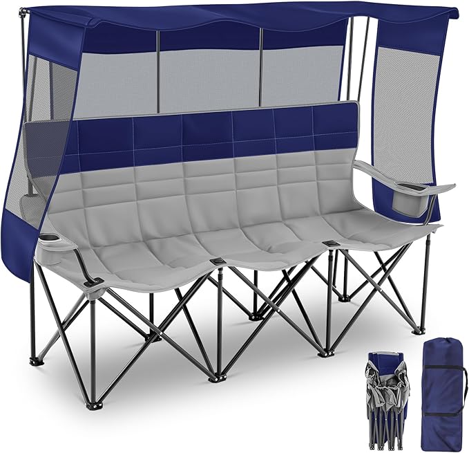 3 Person Beach Camping Chair with Canopy Shade Oversized Folding Loveseat 700lbs Heavy Duty Couch with Cup Holder Carry Bag for Lawn Outdoor Beach (Green Grey Canopy Camp Chair)