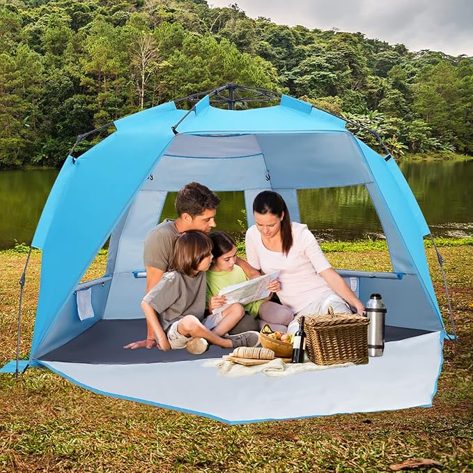 Pop Up Beach Tent Portable Beach Folding Sun Shade Shelter UPF 50+ Protection Easy Setup and Carry Double Silver Coating with 3 Ventilation Window Large Size Perfect for Family 4 People
