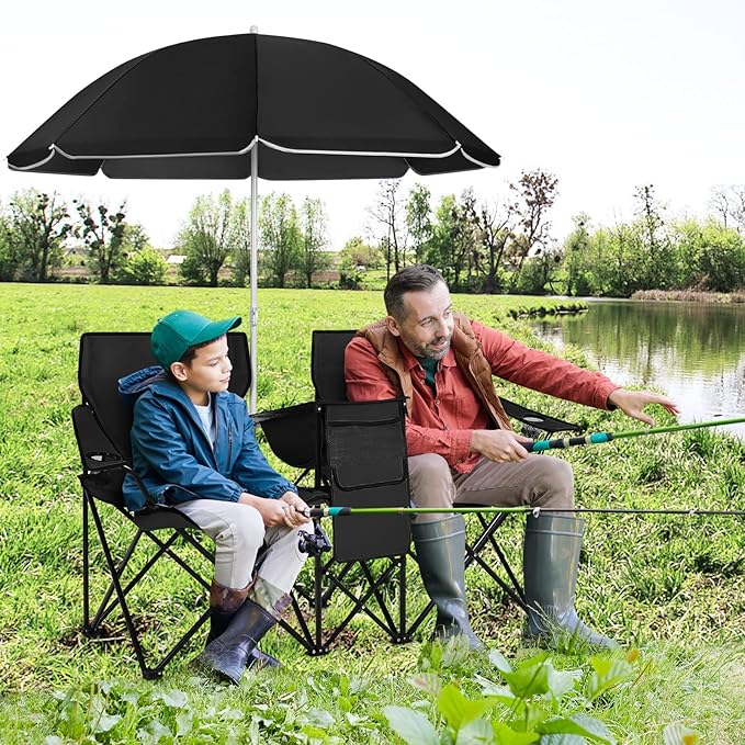 COSTWAY Double Portable Picnic Chairs Folding Camping Chairs w/Detachable Umbrella Cooler Bag Cup Holders Patio Beach Camping Chairs for Outdoors