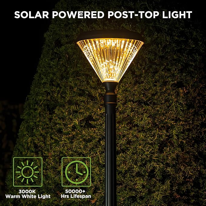 TIERONE 7.2FT LED Post Solar Light Dusk to Dawn Landscape Pathway 1-Head Pole Light IP65 Waterproof 3000K Warm White Outdoor Street Lights for Lawn Patio Yard Pathway Garden