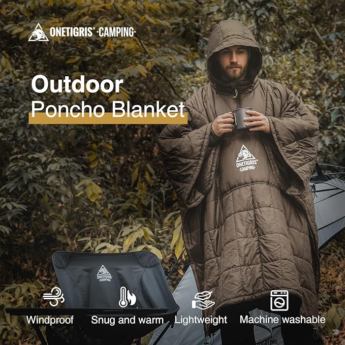 ONETIGRIS Camping Blanket Poncho with with Recycled Synthetic InsulationWearable Hoodie Blanket | Ultralight Water-Resistant Warm Camping Blanket for Outdoor Hiking Stadium