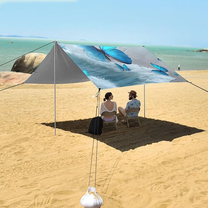 Bolaz Beach Canopy Tent Sun Shade9'×10.5' Large Family Beach Shade UPF50+- Outdoor Shade for Camping Trips FishingBlue Butterflies Beach