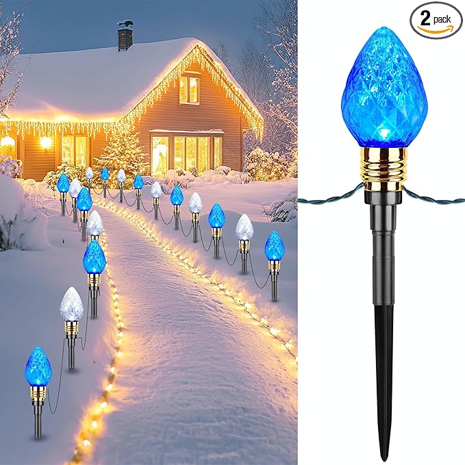 Brightown 2 Pack Strawberry C9 Christmas Pathway Lights Outdoor - Total 34.8 Feet 20 LED Christmas Walkway Lights Christma Light Outdoor Decorations for Yard Lawn Holiday Outside Blue &amp Pure Whi