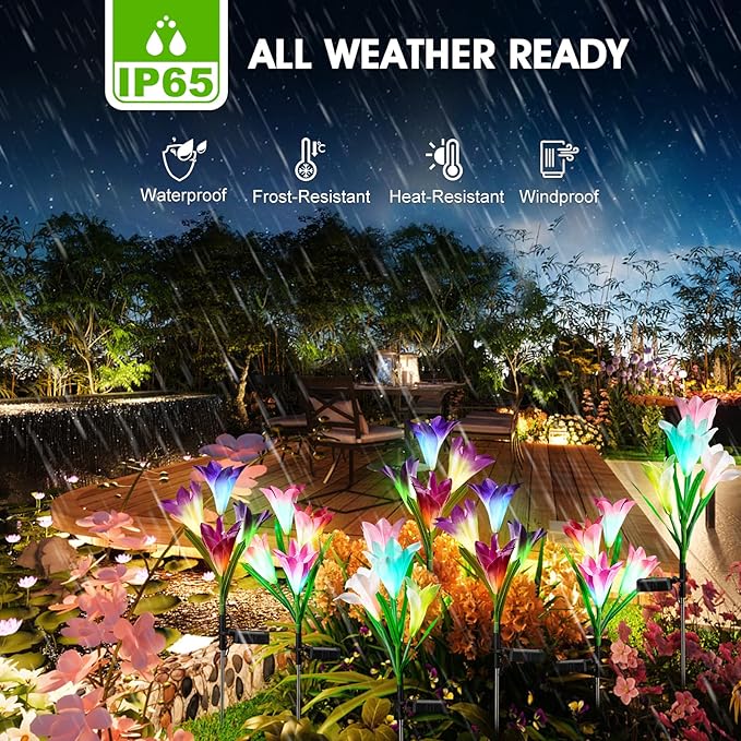 4 Pack Solar Garden Lights Outdoor 7 Color Changing LED Powered Waterproof Lily Flowers Landscape Lights for Outside Yard Patio Pathway Decorative Décor Gifts