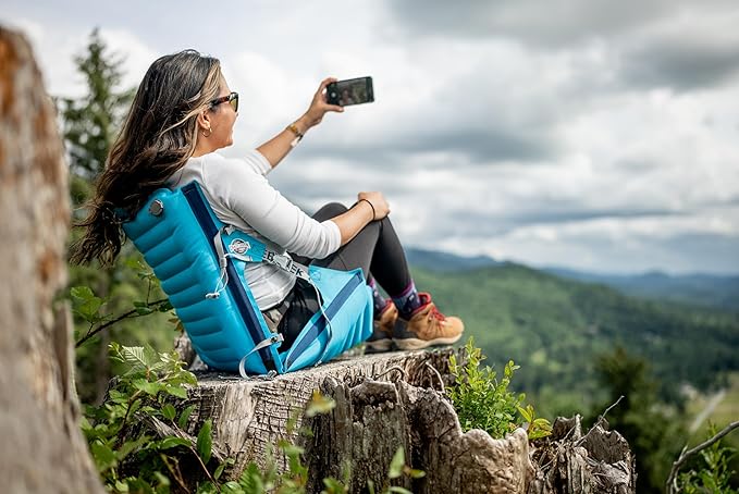 Crazy Creek Inflatable AirCliner Original Chair for Camping Backpacking Beaches Comfort on All Terrains Adjustable Straps Compact Design Dual Purpose Chair and Pad in one Big Sky Blue