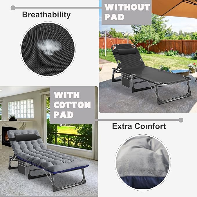 ABORON Heavy Duty Tanning Chair 5-Gear Outdoor Folding Chaise Lounge Chair with CushionPortable Beach Lounge Chair for Outdoor Sunbathing Patio Pool Lawn Deck Poolside
